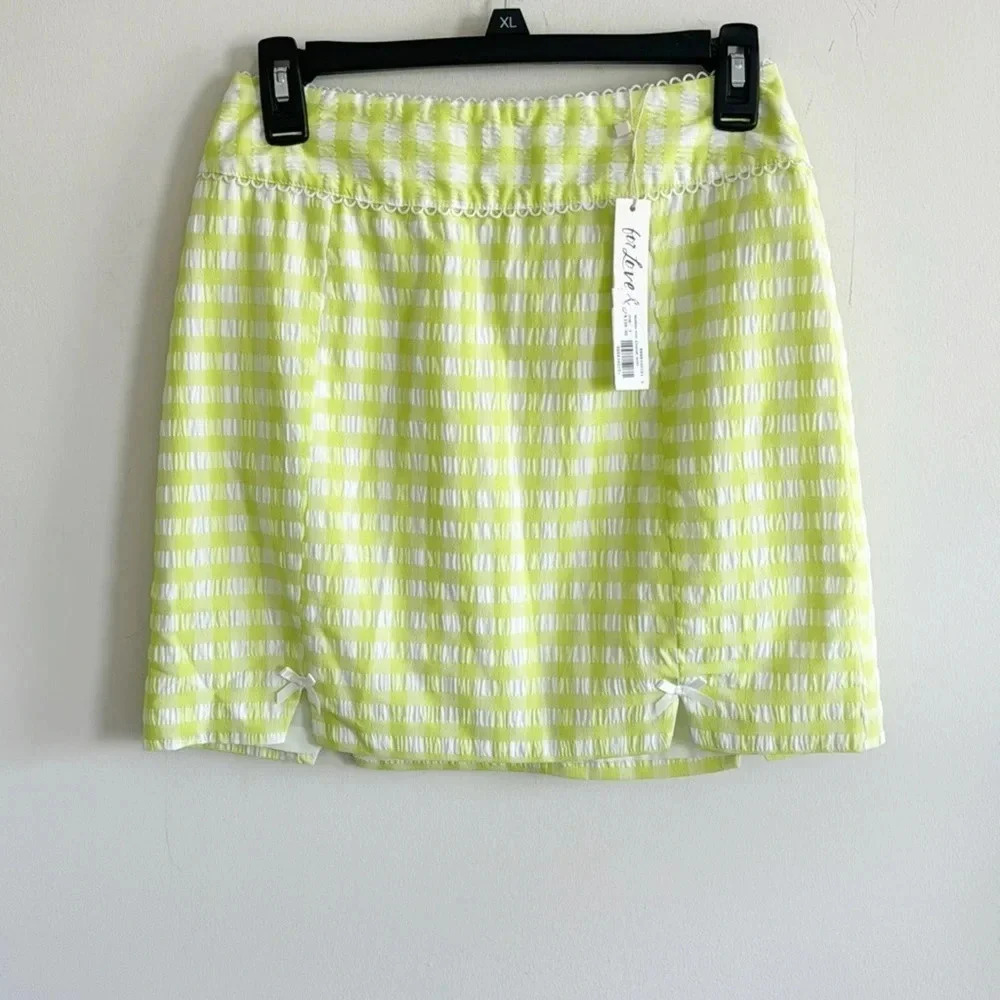 For Love and Lemons lime green gingham plaid mini skirt with bows NWT sz S & XS - Picture 2 of 9